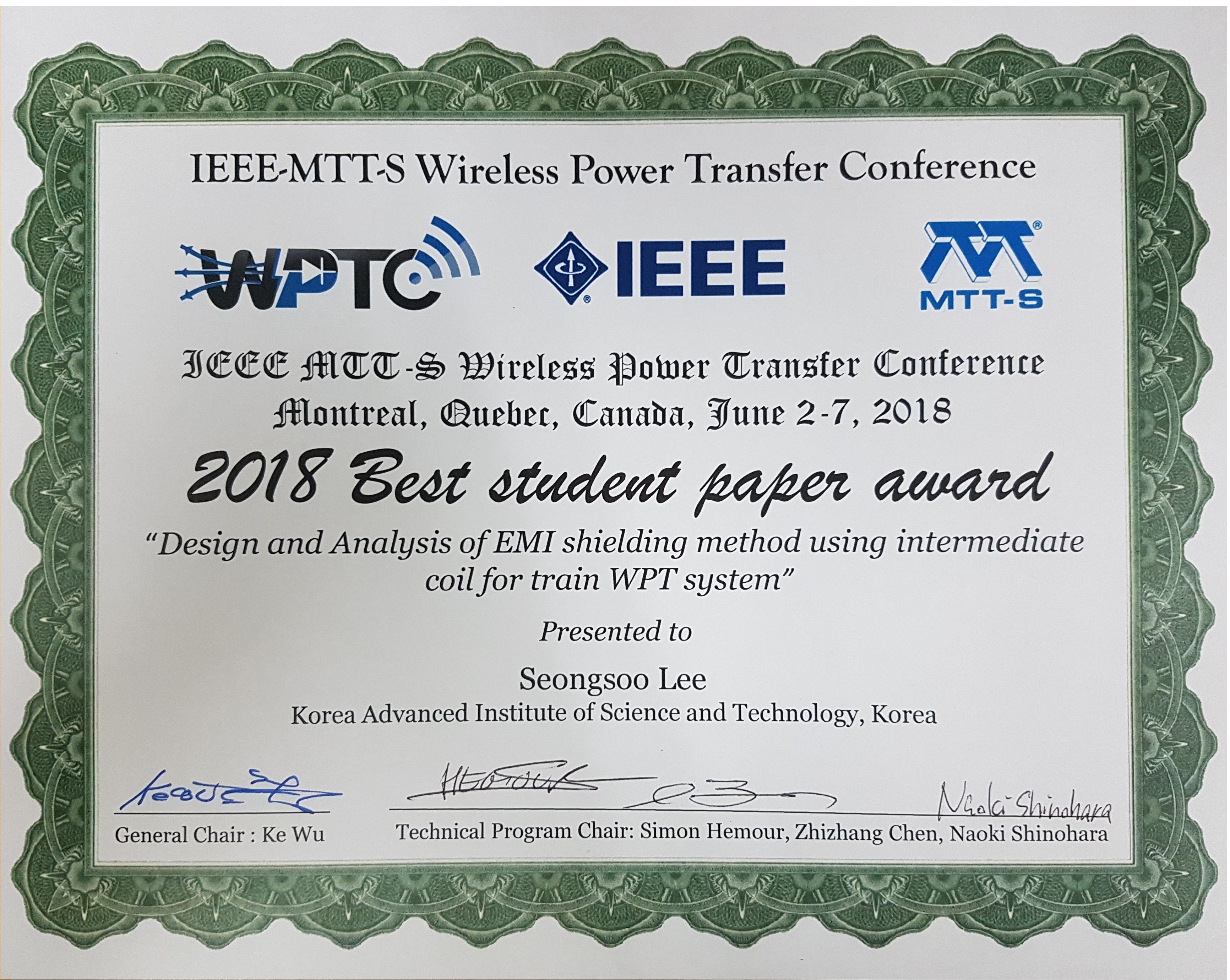 WPTC 2018 Best Student Paper Award 0
